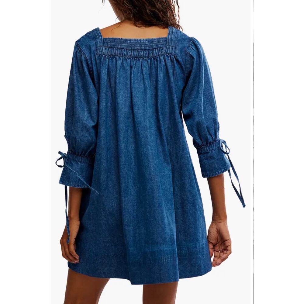 NWT Free People Sonora Denim Babydoll Mini Dress Square Neck L Midnight Rinse - Picture 9 of 12